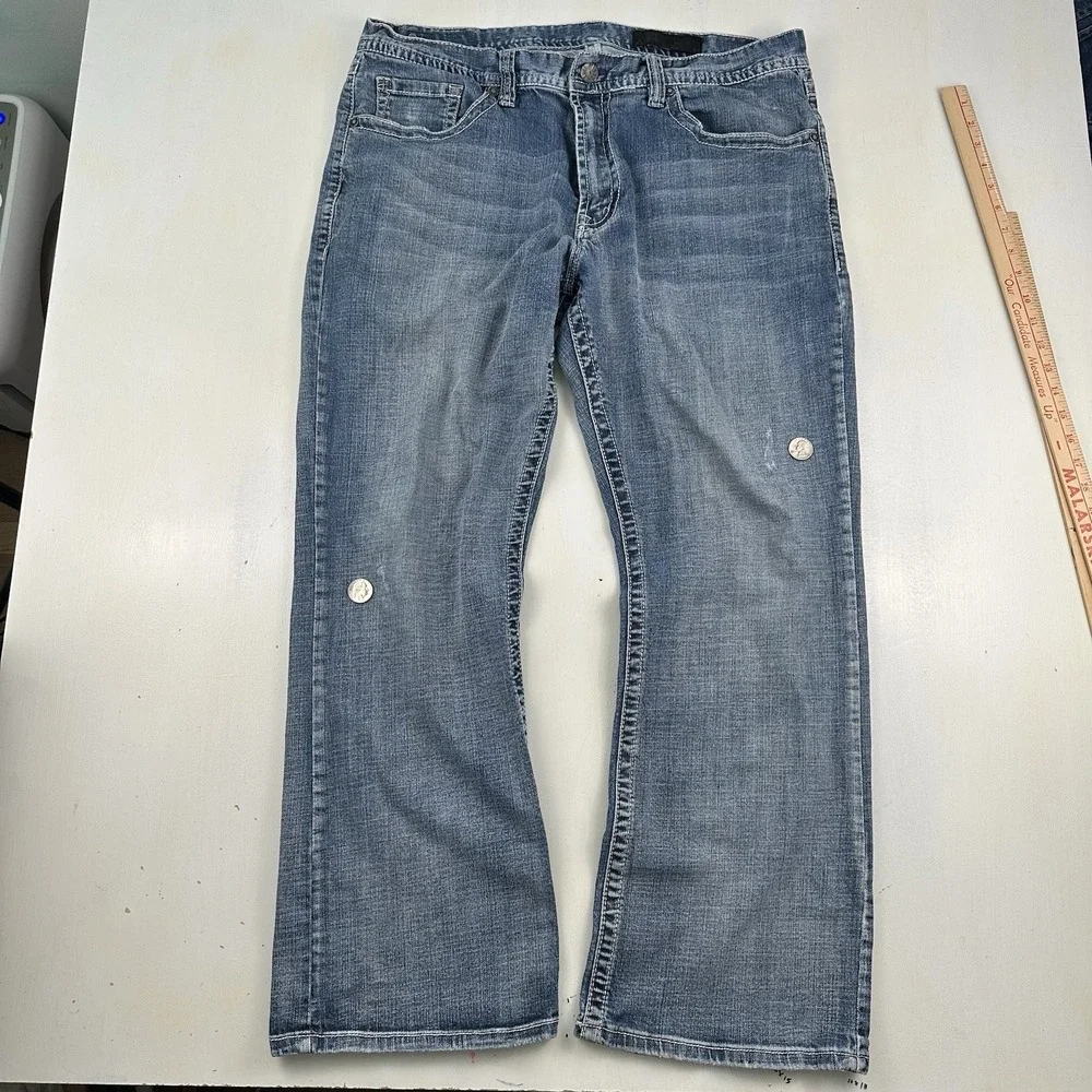 TK Axel Vintage Boot Cut Flap Pockets Jeans Men Fits 38x31 Denim Blue Distressed